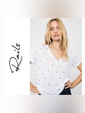 Rails Cara Strawberry Fields White V-Neck Short Sleeve Tee Sz S